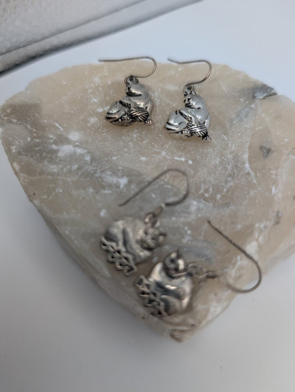 Sterling Silver 2 pr Cat Earrings Dangle Drop Fishhook Feline Kitty Lover